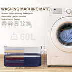 60L Large Laundry Basket with Leather Handles for Living Room Storage, Woven Rope Baskets Bin for Blanket, Kids Toy, Gifts, Wicker Hamper for Bedroom Dirty Clothes, 21"x15"x11" White Navy