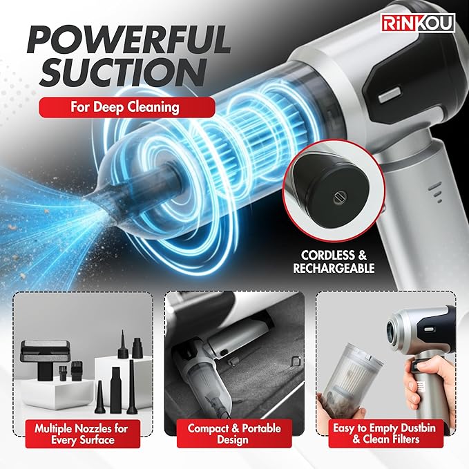 Car Vacuum Portable Cordless – Handheld Cleaner, Mini Car Vacuum, Small Portable Vehicle Cleaner with 8 Attachments, Blower, Spray Lubricant & Microfiber Towels for Truck & Interior Cleaning