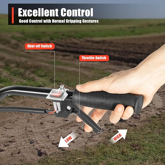 Tiller Cultivator Gas Powered, 52Cc 2 Stroke Garden Cultivator Commercial Tiller Gas Powered Tiller Soil Cultivator with Adjustable Wheels for Plowing Turning Soil Ditching 1700W 6500Rpm
