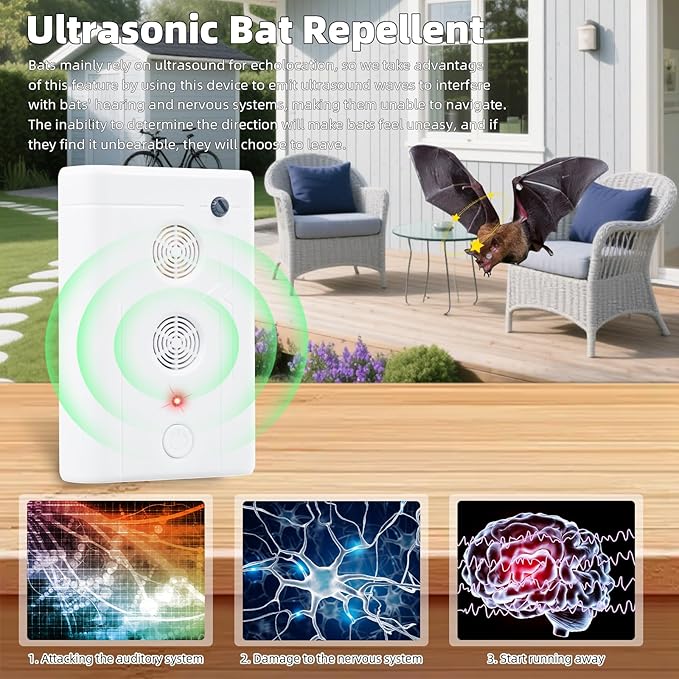 2 Pack Bat Deterrent Plug-in Ultrasonic Bat Repellent Devices, Convenient Bats Removal Device& Bird Repeller, Keeping Bats Away from Attics, Houses, and Porches.