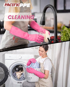 PACIFIC 2 Pairs Reusable Rubber Gloves for Washing Dishes and Cleaning Tasks, Water Resistant Household Gloves for Kitchen Bathroom, Grippy Latex Dish Washing, Pink, Small
