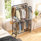 Clothes Racks for Hanging Clothes, Rolling Clothing Rack with Pants Rack, Side Hooks & Shoe Shelf, Portable Garment Rack for Bedroom, Laundry Room, Clothing Store, Closet, Black