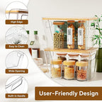 Criusia 4 Set Pantry Organizers and Storage with Bamboo Lids, Stackable Clear Bins for Onion, Potato, Fruit, Vegetables, Trash Bag Dispenser, Kitchen and Under Sink Organizer