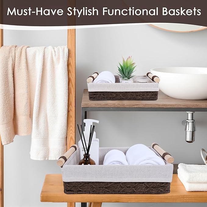 Wicker Storage Basket with Wooden Handle – Paper Rope Decorative Toilet Paper Baskets & Bathroom Organizer for Toilet Tank Top, Shelves, Bedroom, Countertop,Home,Office Storage Bins, 2 Pack,Brown