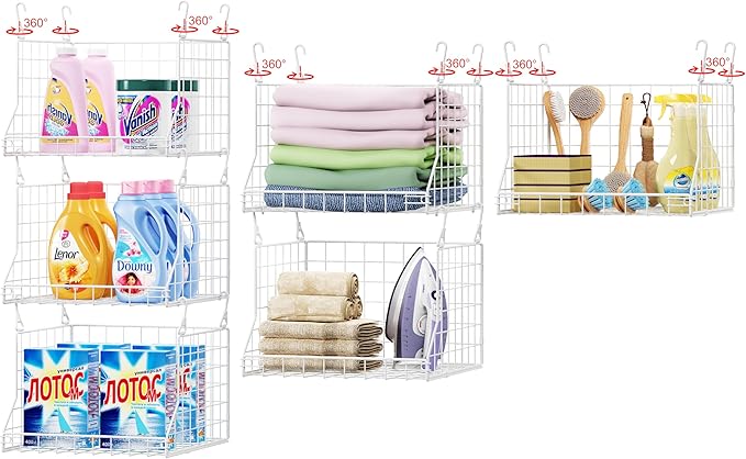 3-Tier Foldable Laundry Basket Organizer with Rotating Hooks - Space-Saving Over Washer and Dryer Shelf for Laundry Room Organization and Storage, Durable Wire Shelving Unit, White