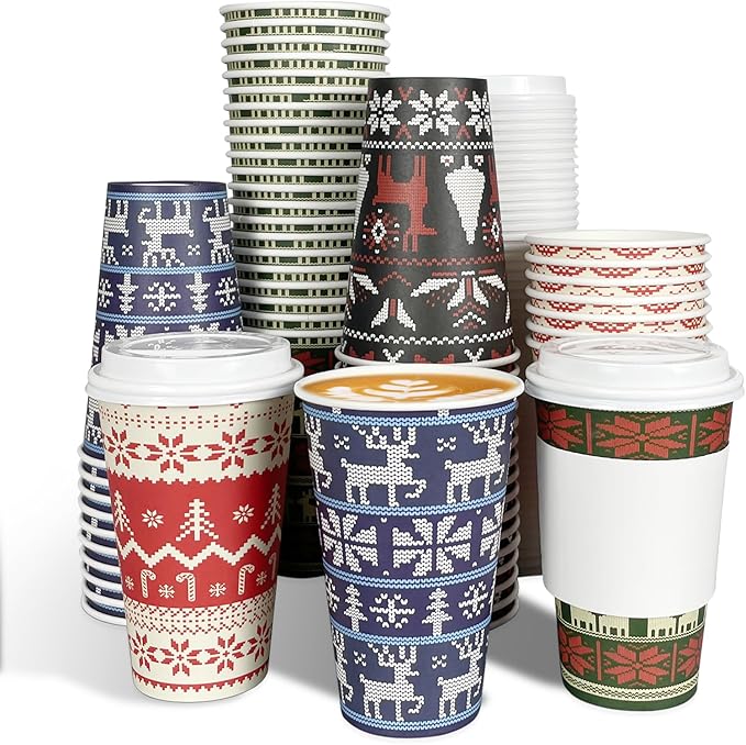 Christmas Disposable Cups 16 oz Paper Cups, 48 Sets Paper Coffee Cups with lids for Coffee/Tea/Water/Juice, Ugly Sweater Paper Cups for Hot & Cold Beverages, Party & Holiday Supply 144pcs