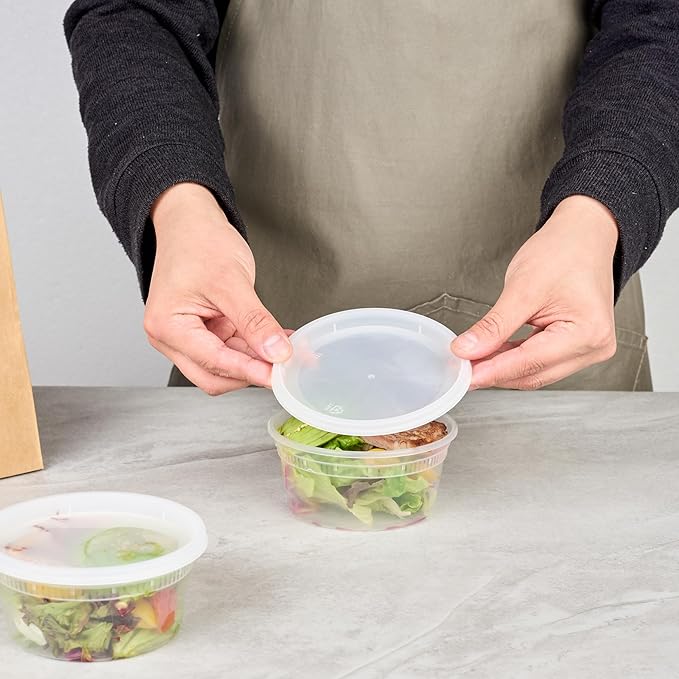 Asporto 12 Ounce To Go Boxes, 100 Microwavable Round Soup Containers - Clear Plastic Lids Included, Do Not Contain BPA, Clear Plastic Soup Containers, Disposable - Restaurantware