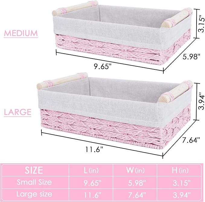 Wicker Storage Basket with Wooden Handle – Paper Rope Decorative Toilet Paper Baskets & Bathroom Organizer for Toilet Tank Top, Shelves, Bedroom, Countertop,Home,Office Storage Bins, 2 Pack,Pink