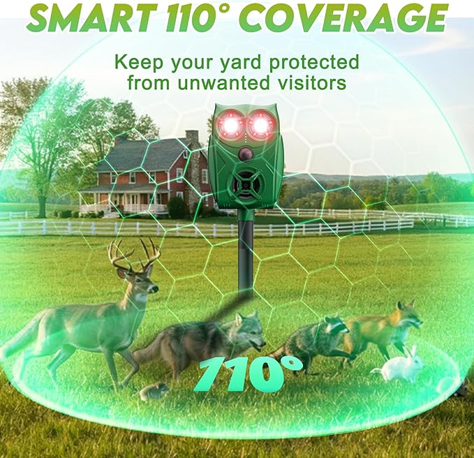 Solar-Powered Ultrasonic Animal Repellent with Motion Sensor, Waterproof Deer Repellent Device with Visual Indicator for Outdoor Yards, Garden, Effective to Repel Deer, Coyotes, Raccoons, and Cats