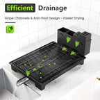 2-Tier Foldable Dish Drying Rack with Drainboard, Stainless Steel Large Capacity Kitchen Counter Organizer with Cup Holder, Utensil & Cutting Board Storage, No Assembly Required, Black