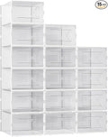 Foluck X-Large Shoe Storage Box, 15 Pack Clear Plastic Stackable Shoe Organizer for Closet, Interlocking Design Shoe Container Bins for Sneakers, Foldable Shoe Rack with Lids, White