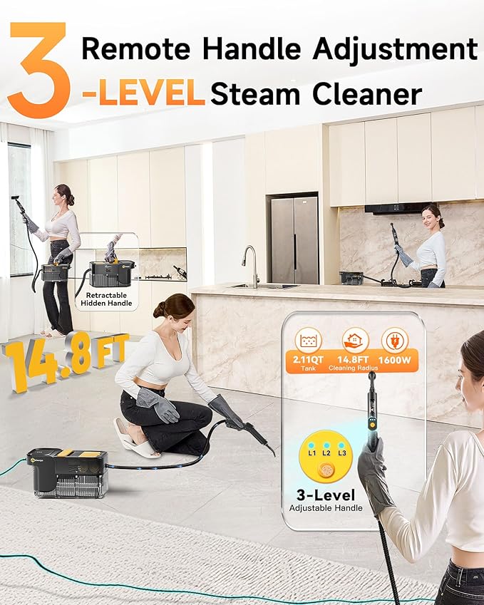 Gautye Steam Cleaner, 3 Level Adjustable Handle, 10s Heat Up, 2.11 Quarts Tank, Handheld Steam Cleaner with 18 pcs Accessories, Steam Cleaner for Home for Floor, Dirt, Grease, Grout, Tile, Car