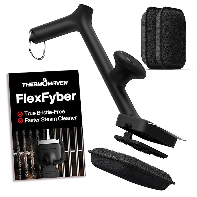 ThermoMaven Grill Brush Bristle Free with 3 Replacement Brush Heads, Steam Grill Brush with Scraper, Non Metal Bristles for Cast Iron, Stainless-Steel Grates, Safe for Non-Stick Surface, Black