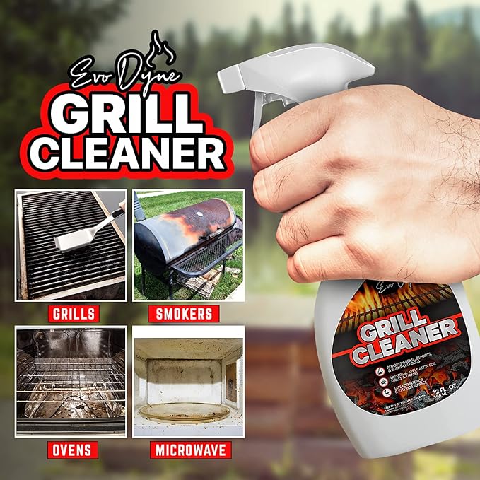 Evo Dyne Grill Cleaner Spray (32 oz), Made in USA - Quickly Cleans BBQ Burnt-on Foods and Grease from Grill Grates - Heavy Duty, Fast-Acting Formula, Less Scrubbing - Food Safe Grill & Oven Degreaser (3-Pack)