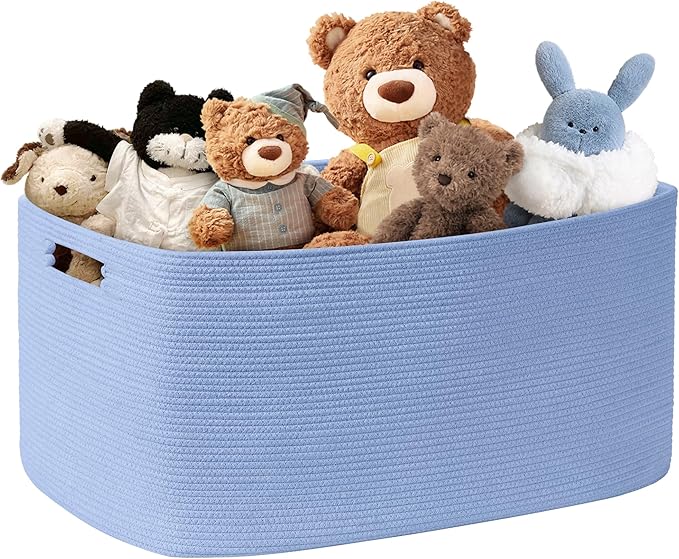 72L Large Baby Girls Laundry Basket for Nursery Storage,Cute Woven cotton Rope Baskets for Kids Toy，Gifts, Boho Square Wicker Blanket hamper for Living Room,Bedroom Dirty Clothes,Blue Purple