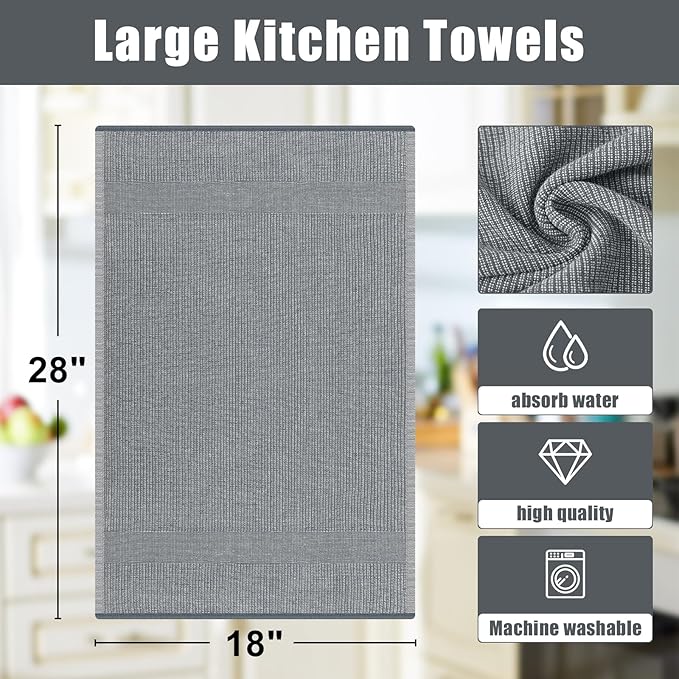 Homaxy Premium Kitchen Towels(18”x 28”, 8 Pack), Large Cotton Kitchen Hand Towels, Flat and Terry Dish Towels, 380 GSM Highly Absorbent Tea Towel Set with Hanging Loop, Grey