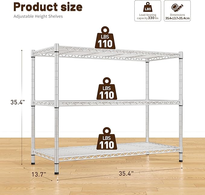 3- Shelf Metal Shelving Unit 35.6Wx14Dx36H,Adjustable Storage Shelves Heavy Duty Garage Steel Shelving for Office,Wire Rack Small Shelf for Kitchen Shelves Laundry Bathroom Pantry Closet,Chrome