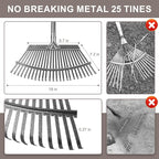 KeFanta Garden Leaf Rakes, Rake for Leaves Heavy Duty 25 Metal Tines 18.5" Wide, 62" Adjustable Long Handle Rakes for Lawns Yard Grass Flower Beds