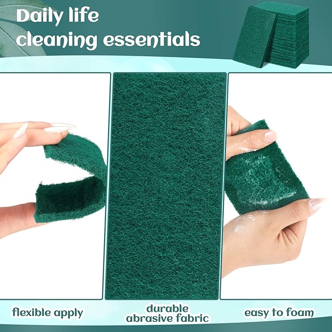 Hoolerry 100 Pcs Heavy Duty Scouring Pads Non Scratch Household Scrub Pads for Cleaning Reusable Pan Scrubber Anti Grease Scrubbing Pads for Dish Kitchen Metal Grills, 4.3 x 3 x 0.3 in (Green)