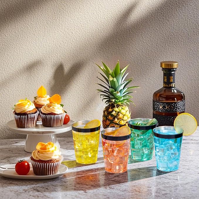 DaYammi 100 Pack Black Plastic Cups 10Oz Clear Disposable Cups with Black Rim, Clear Cocktail Cup Heavy Duty Disposable Wine Glasses Disposable Fancy Plastic Cups for New Year Party