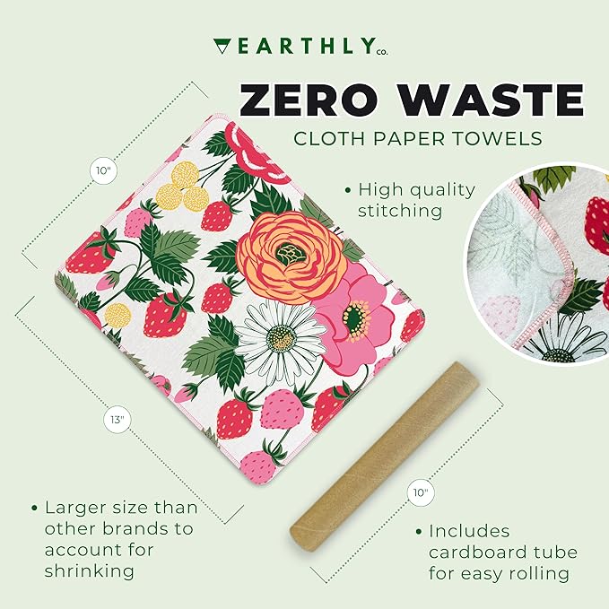Reusable Paper Towels - 10 Pack - Roll of Washable Cotton Cloth Paper Towels - Paperless Reusable Napkins Cloth Washable - Absorbent + Long Lasting - Zero Waste Products - (Strawberry)
