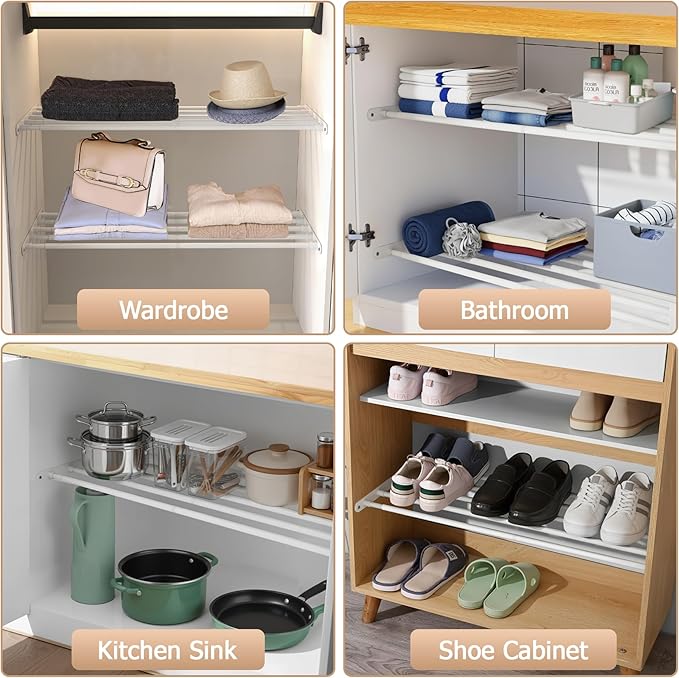 VanlonPro Expandable Closet Shelf Wall-Mounted Metal Storage Rack Adjustable Closet Rod DIY Divider Separator Space Saving for Cabinet Wardrobe Cupboard Kitchen Pantry Cupboard, 17.2-27.7 Inches