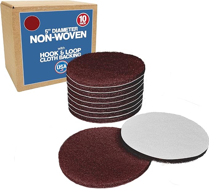 5" Abrasive Pad Hook & Loop Round Non-Woven Discs for Wood, Metal, Scuff Sanding Between Coats of Finish/Paint, Rust Removal, Deburring, Clean Metal, Medium Scuff Pads - 320 Grit - 10 Pack (Maroon)