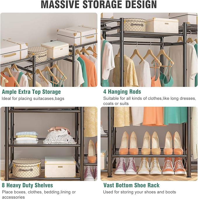 Neatrays Wardrobe Closet Heavy Duty Clothes Rack, Portable Closet Organizer System with 4 Hang Rods & 8 Shelves, Metal Clothing Rack Garment Rack for Hanging Clothes, Max Load 890 LBS