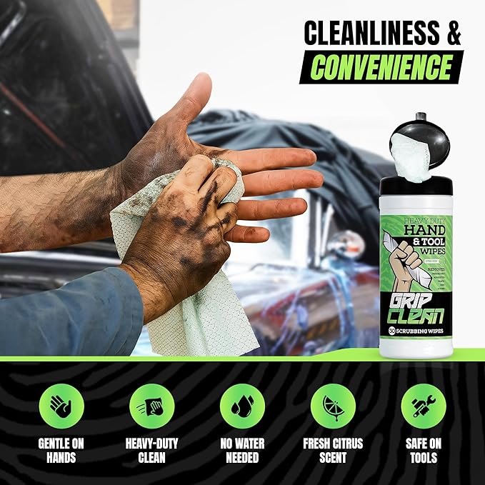 Grip Clean Heavy Duty Hand & Tool Cleaning Wipes – Waterless Hand Cleaner for Mechanics, Garage & Shop Use – Dual-Sided Grease, Oil & Paint Remover Wipes with Citrus Scent - 30ct (6 Pack)