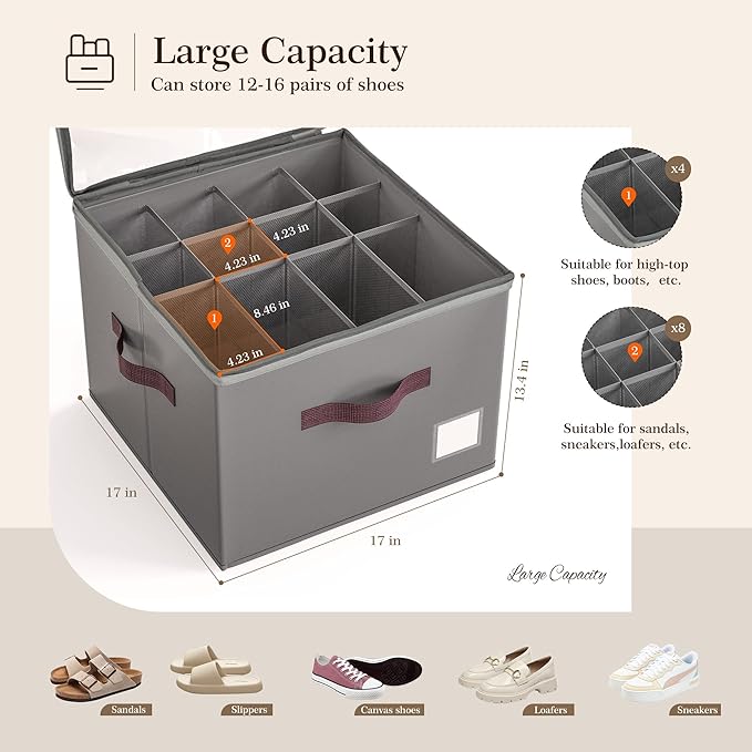 Criusia Shoe Organizer for Closet, 3 Pack Shoe Organizer with Transparent Cover and Sturdy Handles, Closet Shoe Storage for Sneakers Sandals Slippers, Fit 12-16 Pairs, Gray