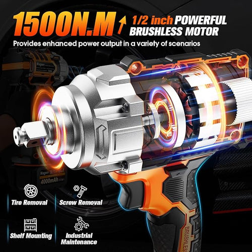 1500N.m Impact Wrench, 1/2" High Torque 1107ft-lbs Cordless Impact Gun with 2 x 4.0Ah Battery, 21V Power Impact Driver with 5 Sockets,LED Light,Electric Impact Truck RV Car Heavy Construction