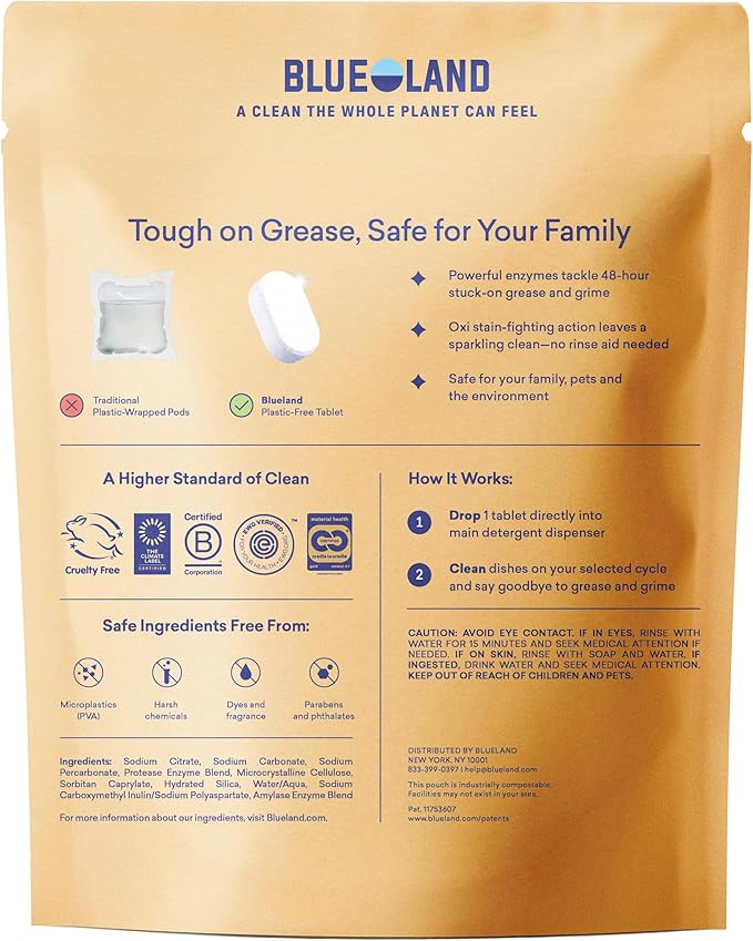 BLUELAND 100% Plastic-Free Dishwasher Detergent Tablets, Starter Set, 60 Count with tin, Lemon Zest, Eco-Friendly Dishwashing Pods, Natural, USDA Certified biobased