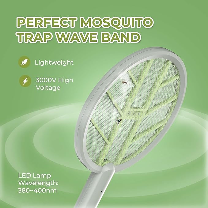 Aspectek 3000V Electric Fly Swatter for Indoor and Outdoor Use, Portable, Rechargeable Bug Zapper Racket with Improved Battery Life, USB Charging Cable, Wall Bracket, White -Green