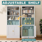 Bookcase with Doors and Adjustable Shelves, 55" Tall Metal 5-Tier Storage Cabinet, Freestanding Bookshelf for Living Room, Home Office, Bedroom, Kitchen Pantry Organizer Rack (White)