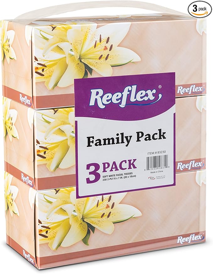 Reeflex Premium Facial Tissues 230 Sheets Per Box, 2-Ply Soft Touch, Gentle and Durable in A Stylish Box - 3 Total Boxes, 690 Sheets Family Pack