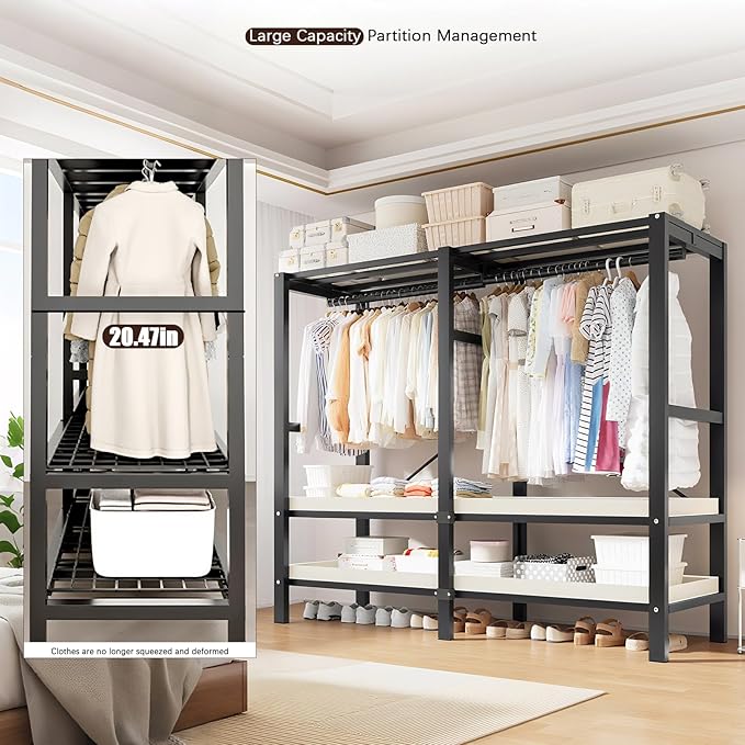 Foldable Portable Armoire Wardrobe Closet for Hanging Clothes Rack, Heavy Duty Covered Clothes Rack with Cover(HARDBOARD Magnetic), Closet Garment Rack for Bedroom Storage (KT Black, 66.14in)