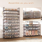 VTRIN 10 Tiers Shoe Rack Tall Large Capacity Wide Shoe Organizer Sturdy Shoe Shelf for Entryway with Two Hooks Metal Shoe Storage for Closet, Bedroom, Brown