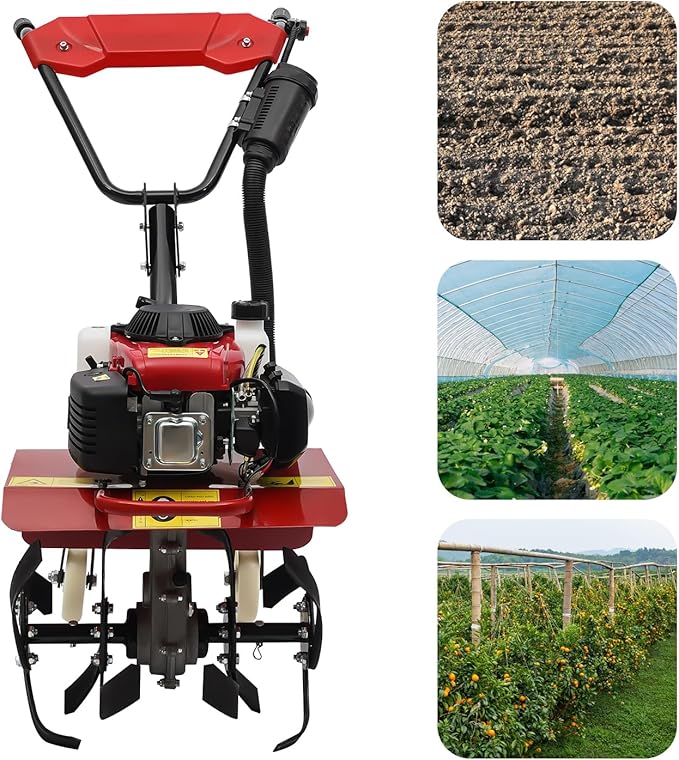 Mini Tiller Cultivator 63CC 4-Stroke Gas Powered Hand Rotary Cultivator Rototiller Walk Behind Garden Farmyard Tiller Cultivator,Adjustable Tilling Depth Front Tine Tiller for Loosening Soil,Weeding