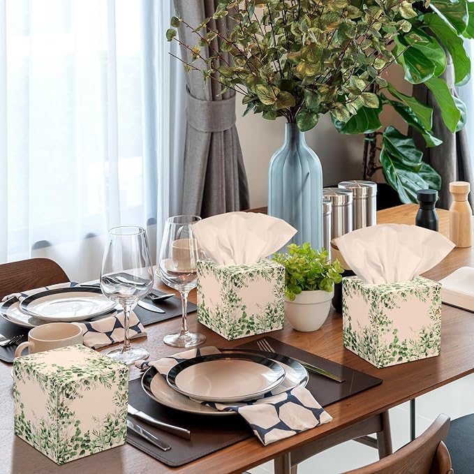 12 Pack Fall Eucalyptus Facial Tissues Cube Boxes 600 Sheets 3 Ply Small Square Green Eucalyptus Face Tissues Bulk for Autumn Spring Car Bedroom Supplies