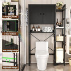 Over The Toilet Storage Cabinet with Doors - 7 Tier Bathroom Organizer with Adjustable Shelf, Freestanding Space Saver Rack Above Toilet Stand with 4 Hooks for Bathroom, Restroom, Laundry, Black