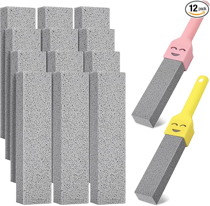 WISYOK 12 Pack Toilet Pumice Stone with 2 Handle, Hard Water Ring Calcium Buildup Remover, Grey Pumice Stone for Bathroom, Sink, Bathtub, Pool, Grill Cleaning