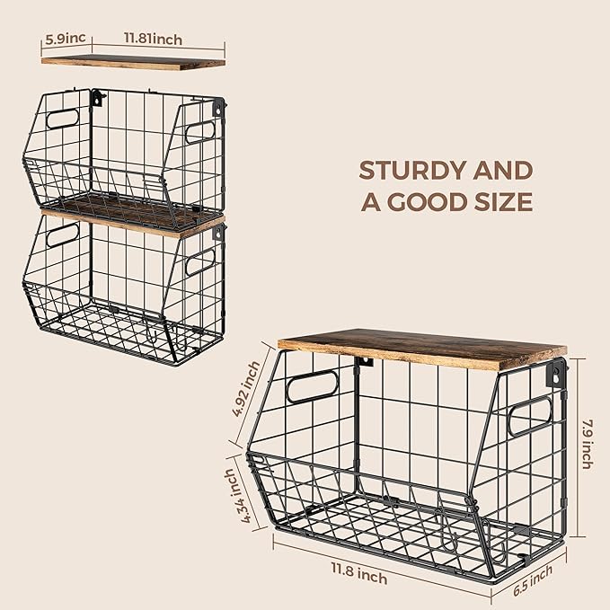 Delamu Stackable Metal Fruit Basket with Wood Lid 2 Pack, Hanging Wall Organizer for Kitchen Counter, Pantry Storage for Onions, Potatoes, Garlic, Fruits, Spices, Black