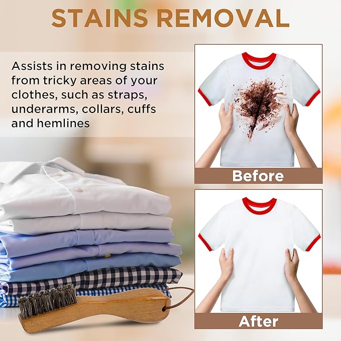 TAKAVU Stain Brush, Laundry Brush for Stain Removal, Natural Horse Hair Cleaning Brush with Ergonomic Handle, Suitable for Delicate Fabrics Without Damage, Perfect Laundry, Shoes, Boots, Home