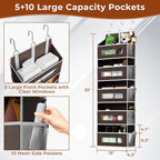 5 Tier Over The Door Organizer - Large Capacity Behind Door Hanging Shelves with 10 Mesh Pockets and Clear Windows, Closet Organizers and Storage for Bathroom, Bedroom, Nursery, 2 Pack Brown