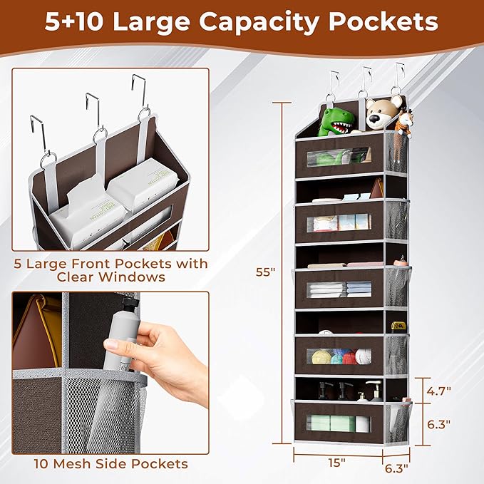 5 Tier Over The Door Organizer - Large Capacity Behind Door Hanging Shelves with 10 Mesh Pockets and Clear Windows, Closet Organizers and Storage for Bathroom, Bedroom, Nursery, 2 Pack Brown