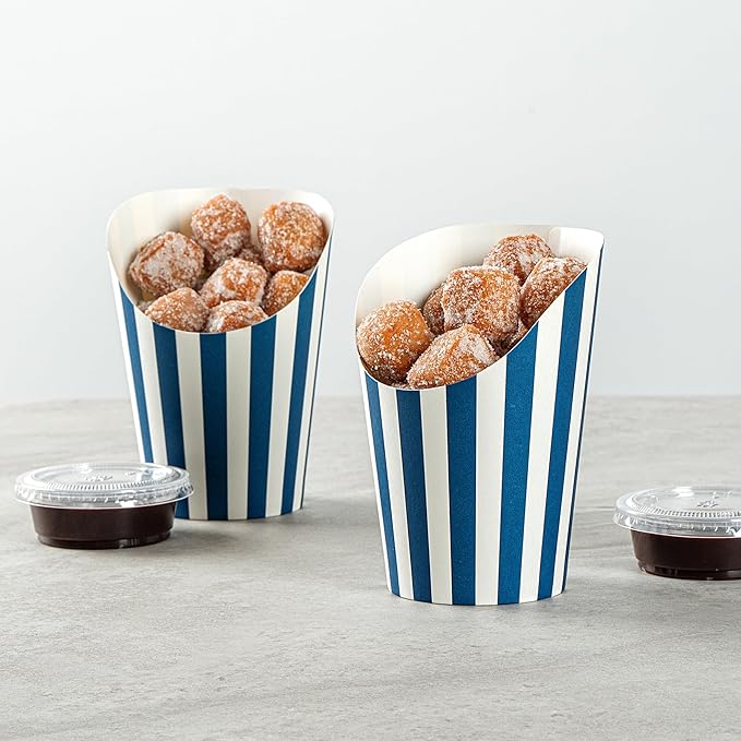 Restaurantware Bio Tek 12 Ounce French Fry Containers 100 Disposable Charcuterie Cups - Incline Design Round Striped Paper French Fry Cups Stackable For Waffles Chips or Popcorn