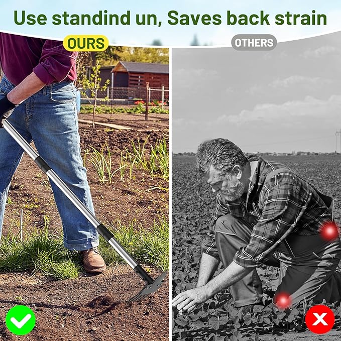 2-in-1 Heavy-Duty Weed Puller Tool with 5-Tine Rake – 30" to 60" Adjustable Handle, Hoes for Gardening, Hoe Garden Tools for Loosening Soil, Planting, Weeding