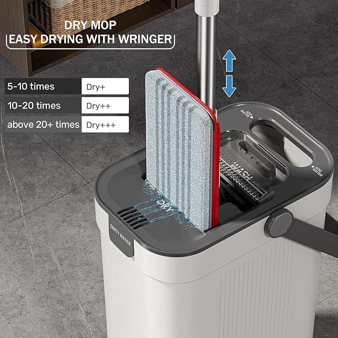 Mop and Bucket Set, 3-Tank Flat Mop and Bucket System for Separate Dirty & Clean Water, 65" Mops for Floor Cleaning with 6 Washable Pads, Safe for Hardwood, Vinyl, Tile, Baseboards, Walls