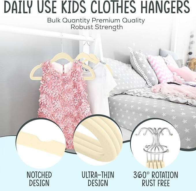 TechZoo 25 Premium Kids Velvet Hangers - 14" Non-Slip Clothes Hangers for Kids & Preteens - Ultra Slim, Space-Saving, Strong & Durable Hangers with 360° Swivel Hook - Beige
