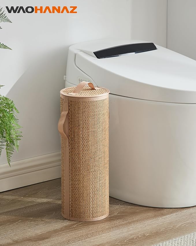 Bamboo Toilet Paper Storage Basket with Lid & Handle - 10L Handwoven Bathroom Organizer for 4 Rolls - Sturdy Stand Holder for Toilet Paper Organization, Carbon Brown